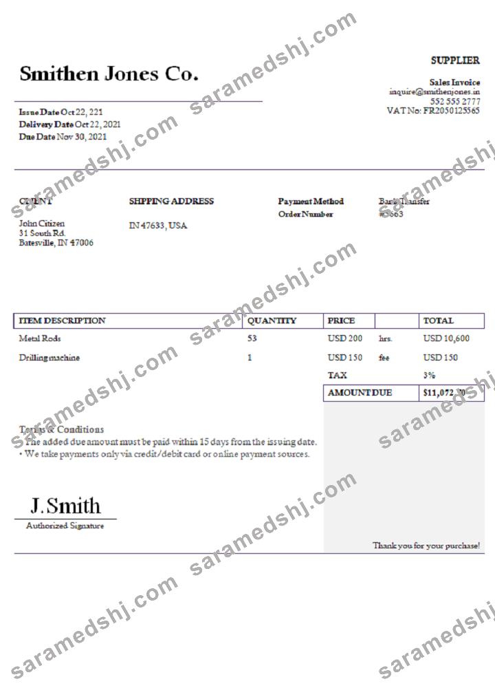 USA Smithen Jones Co. invoice